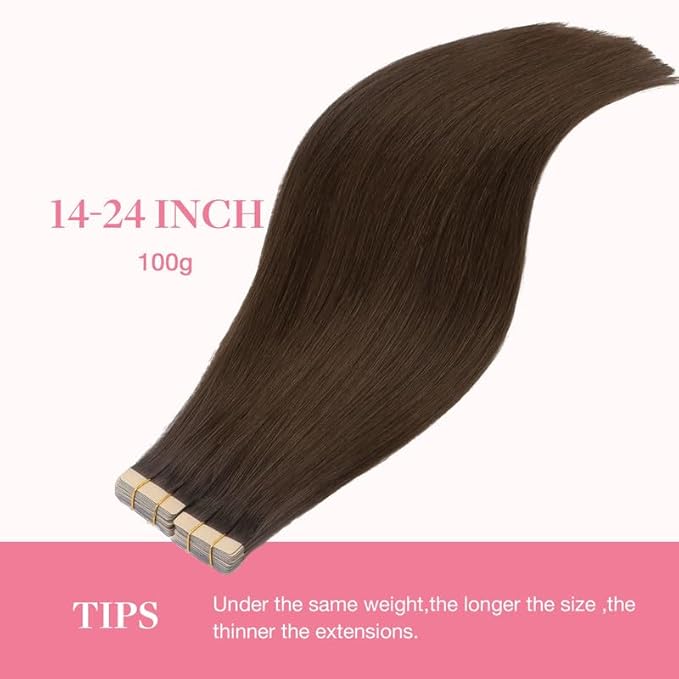 GOO GOO Tape in Hair Extensions Human Hair, 4A Chocolate Brown, 24inch 100g 40pcs, Skin Weft Seamless Invisible, Silky Straight with Thick Ends, Remy Human Hair