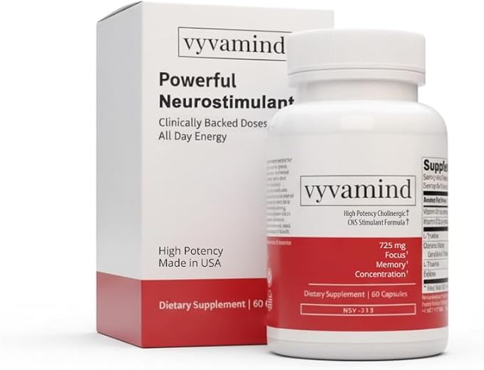 vyvamind Neurostimulant + Focus Aid Nootropic for Enhanced Concentration & Mental Clarity, Brain Support with Caffeine L-Theanine, Fast-Acting Cognitive Boost, 60 Capsules