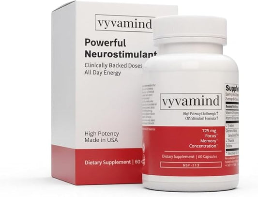 vyvamind Neurostimulant + Focus Aid Nootropic for Enhanced Concentration & Mental Clarity, Brain Support with Caffeine L-Theanine, Fast-Acting Cognitive Boost, 60 Capsules