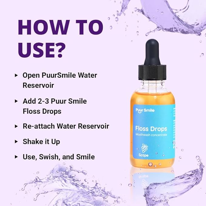 Concentrated Floss Drop Serum – 2oz Concentrated Mouth Wash to Use in Water Flosser | Natural Essentials Promotes Good Breath | Organic Drop Provides Good Oral Health (Grape Flavor)