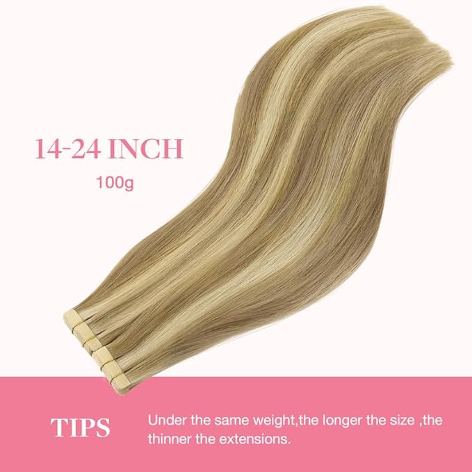 GOO GOO Tape in Hair Extensions Human Hair, 16/22 Light Blonde Highlighted Golden Blonde, 22inch 100g 40pcs, Skin Weft Seamless Invisible, Silky Straight with Thick Ends, Remy Human Hair