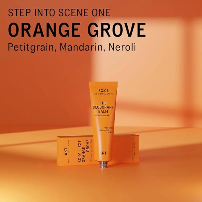 AKT, THE DEODORANT BALM. Award winning, multi-use, natural deodorant. Plastic Free. Gender Free. Aluminium Free. 100% effective — 1 tube lasts up to 3 months. SC.01 ORANGE GROVE. 50ml/1.76 FL.OZ