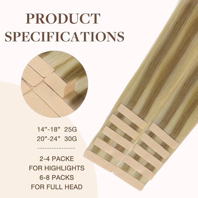 GOO GOO Tape in Hair Extensions Human Hair, 16/22 Light Blonde Highlighted Golden Blonde, 14inch 25g 10pcs, Skin Weft Seamless Invisible, Silky Straight with Thick Ends, Remy Human Hair