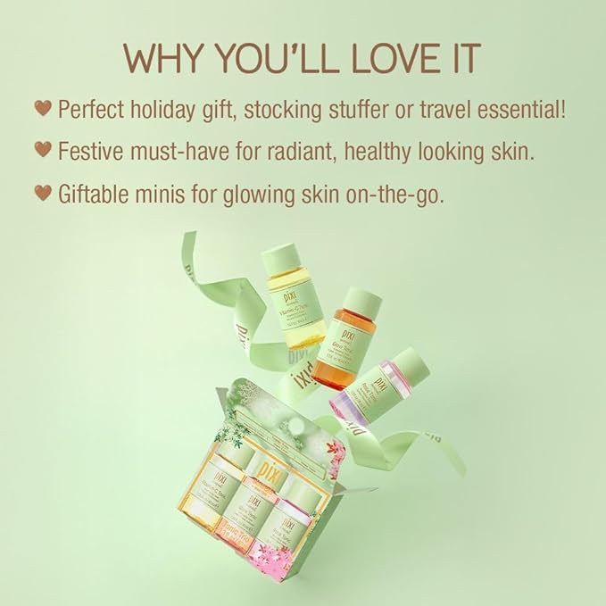Pixi Beauty Tonic Trio | Holiday Edition Gift Set with 3 Pixi Favorite Tonics | Glow Tonic, Vitamin- C Tonic, Rose Tonic | Calming, Hydrating, Gentle Exfoliating and Smoothing