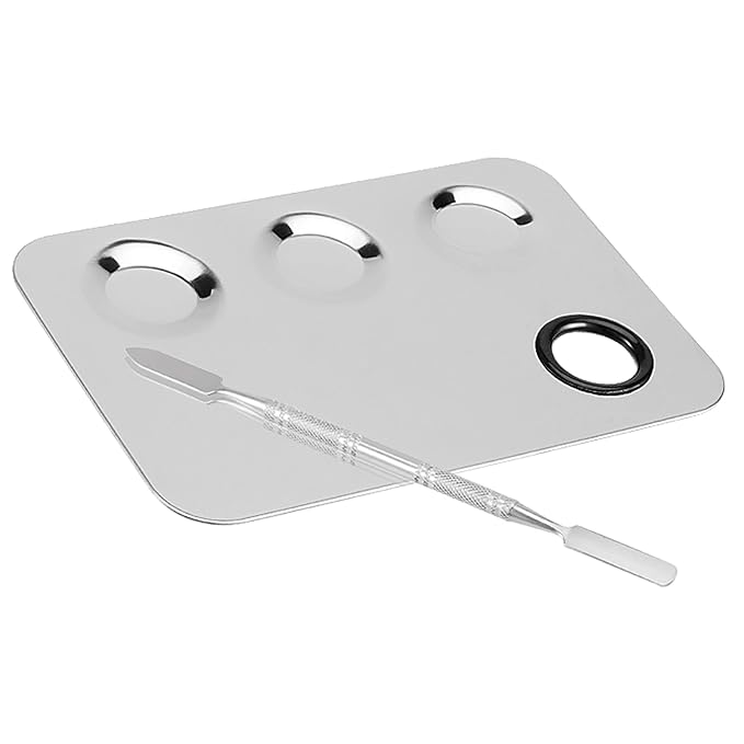 JAPCHET 8 PCS Mixing Makeup Palettes, 3-Well Makeup Palette Mixer Tray, Stainless Steel Cosmetic Palette with 8 PCS Spatula Tool, Multipurpose Makeup Applicators for Nail-Art, Cosmetic, Pigment