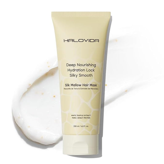HALOVIDA Hair Mask for Damaged Hair, Silk Mallow Hair Mask Includes Olive Oil & White Truffle - Deep Conditioning Treatment for Permed, Color Treated, Strengthens, Repairs Frizz, 6.8 fl oz