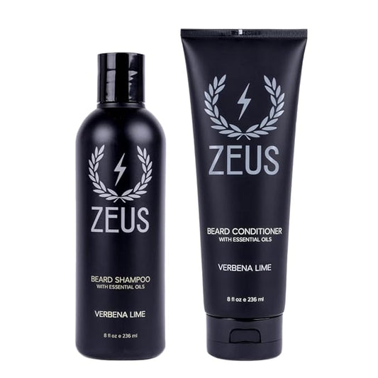ZEUS Beard Wash Set for Men, Shampoo & Conditioner Duo with Green Tea & Essential Oils, Hydrates, Softens & Strengthens Beard Hair (Made in USA) Verbena Lime