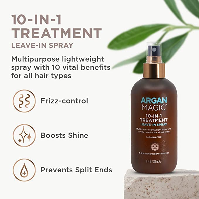ARGAN MAGIC Hair Care Essentials Trio - Shine Boosting Shampoo | Moisturizing Conditioner | 10 in 1 Leave in Spray | Restores Shine & Elasticity | Hydrates | Detangles | Made in USA (32 oz / 8 oz)