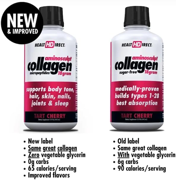 HEALTH DIRECT AminoSculpt Sugar-Free Collagen Supplement - High Potency Medical-Grade Protein for Hair, Skin, Nails & Joints, Grass-Fed, Non-GMO, Liquid Collagen - Tart Cherry - 30 Fl Oz