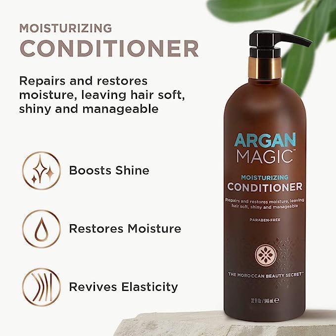 ARGAN MAGIC Hair Care Essentials Trio - Shine Boosting Shampoo | Moisturizing Conditioner | 10 in 1 Leave in Spray | Restores Shine & Elasticity | Hydrates | Detangles | Made in USA (32 oz / 8 oz)