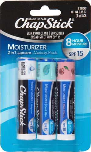 ChapStick Moisturizer 2-in-1 Lipcare SPF 15, Original, Black Cherry, Cool Mint, 6-Pack – Sunscreen Lip Balm with Aloe Vera and Vitamin E, 0.15 Oz Ea