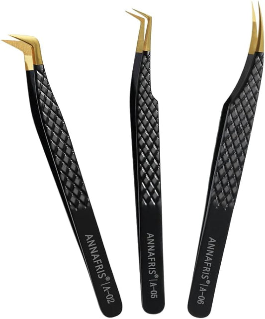 Lash Tweezers for Eyelash Extensions,Precision Fiber Tip for Volume Eyelash Extensions,Lash Extension Tweezers for Easy Application and Removal-A02+05+06
