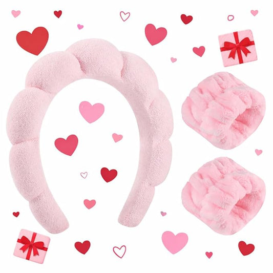 WSICSE Sponge Pink Spa Headband for Washing Face, Valentines Skincare Headbands Puffy Padded Keep Hair Dry Self Care Gifts for Women