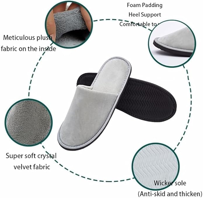SIMEIER 6 Pairs Gray Spa Slippers for Guests, Disposable & Reusable Non-Slip Hotel Slippers with Storage Bag, Soft Cotton Guest Slippers for Women & Men, Non-Slip for Home, Gym, Bridal Party