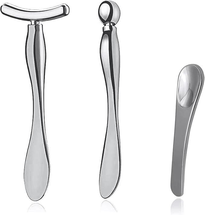 3 Pcs Metal Eye Cream Applicator Tool, Eye Roller Massage Sticks and Makeup Cream Spoon, Facial Massager for Reducing Puffiness Wrinkle Dark Circles
