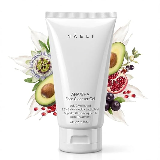 NAELI AHA/BHA Exfoliating Face Wash - 10% Glycolic Acid & Salicylic Acid Cleanser, Anti Aging Acne & Wrinkle Reducing Facial Exfoliant, Pore Minimizer & Brightening Gel, 6 oz