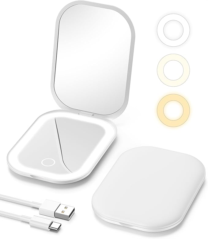 Gospire Lighted Travel Makeup Mirror with Light and Magnification 1X/3X, Stepless Dimming and Three-Color Adjustable Lights, Rechargeable Battery and Compact Size for Purse and Portable Use - White