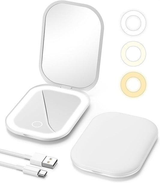 Gospire Lighted Travel Makeup Mirror with Light and Magnification 1X/3X, Stepless Dimming and Three-Color Adjustable Lights, Rechargeable Battery and Compact Size for Purse and Portable Use - White