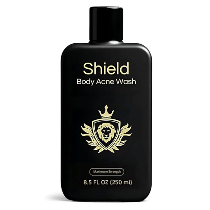 Shield Maximum Strength Body Wash for Back, Chest & Shoulders - Men's 10% Benzoyl Peroxide Body Wash, Clears Breakouts & Acne Scars – Unscented with Niacinamide, Glycolic Acid & Ceramides, 8.5 oz