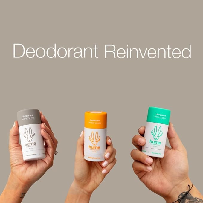 Hume Supernatural Aluminum Free Deodorant for Women & Men - Safe for Sensitive Skin - Probiotic, Plant-Based, Baking Soda Free, Aloe, & Cactus Flower, Anti Sweat, Stain & Odor - Amber Woods, 3-Pack
