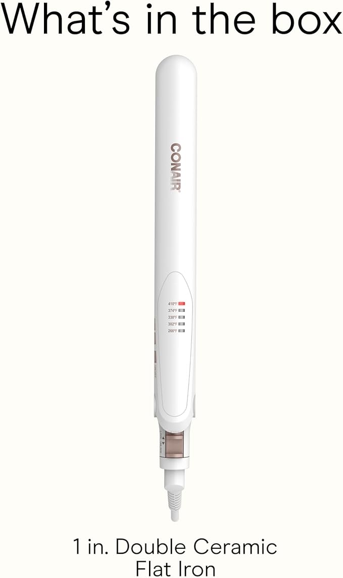 Conair Double Ceramic Flat Iron, 1-Inch Flat Iron Hair Straightener with Claw Clip, 5 Heat Settings, Extra-Long Floating Plates, White