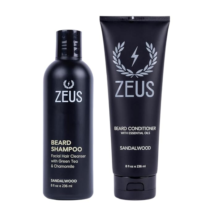 ZEUS Beard Wash Set for Men, Shampoo & Conditioner Duo with Green Tea & Essential Oils, Hydrates, Softens & Strengthens Beard Hair (Made in USA) Sandalwood