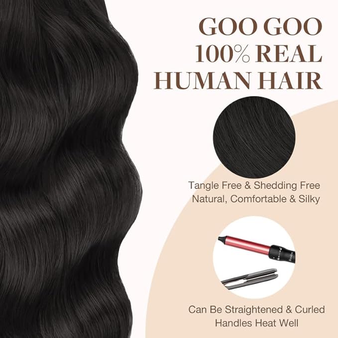 GOO GOO Tape in Hair Extensions Human Hair, 1B Natural black, 14inch 25g 10pcs, Skin Weft Seamless Invisible, Silky Straight with Thick Ends, Remy Human Hair
