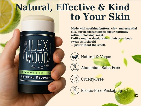 The Ilex Wood Natural Deodorant - 2.4fl oz. Handmade, Aluminum Salt Free, Plastic Free, Cruelty and Alcohol Free, Vegan, Eco Friendly Cardboard Tube – Bergamot and Tea Tree (Citrus)