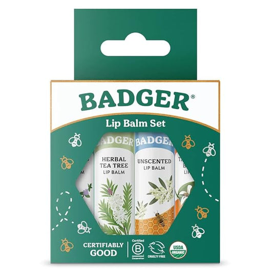 Badger Classic Organic Lip Balm Set - Green Box, Long Lasting Lip Moisturizer Gift Set, Light Silky Texture, All Natural Lip Balm Variety Pack Lip-Set (Unscented, Tea Tree, Mint & Tangerine), 4 pack
