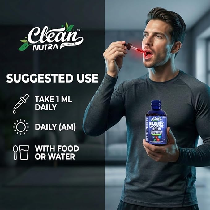 Clean Nutra Lutein and Zeaxanthin Eye Vitamins Supplement Lycopene Astaxanthin Bilberry Liquid Drops | Organic Astaxanthin Daily Lutein for Eyes Health Support Vitamin Minerals Extract | 60 Servings