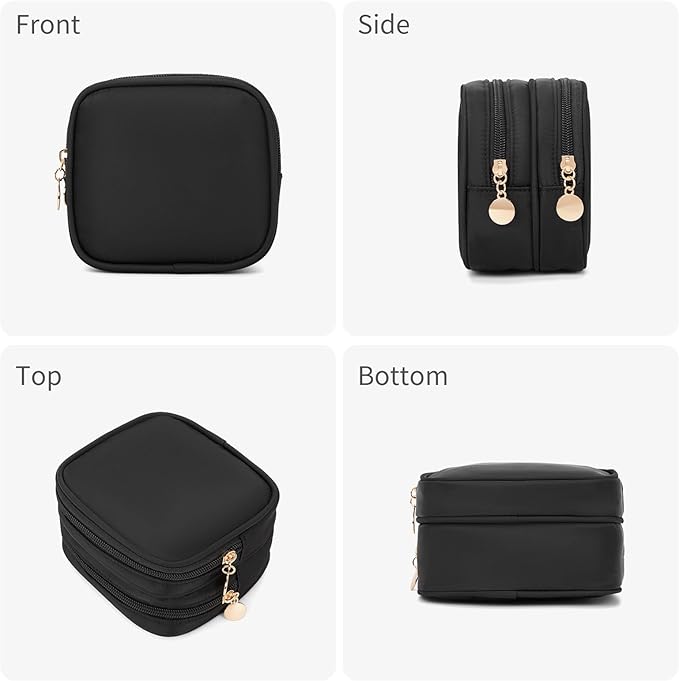 Small Makeup Pouch, Double Zipper Cosmetic Bag, Travel Makeup Bag, Cute Makeup Bag for Purse, Mini Toiletry Bag (Black)