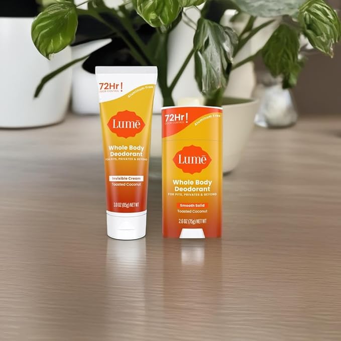 Lume Whole Body Deodorant - Invisible Cream Tube and Solid Stick - 72 Hour Odor Control - Aluminum Free, Baking Soda Free, Skin Safe - 3.0 Ounce 2.6 Ounce Bundle (Toasted Coconut)