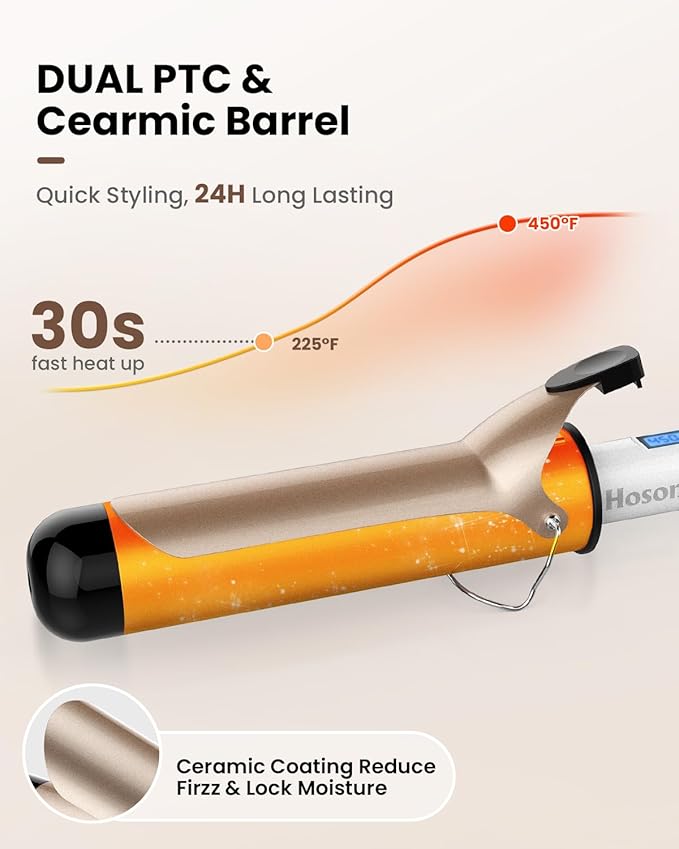 Hoson Curling Iron 2 Inch Large Barrel for Big Curls, Ceramic Curling Iron Wand for Long Hair,Dual Voltage, 10 Temp with LCD Display