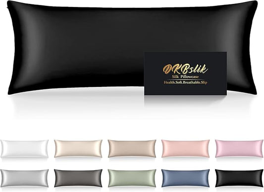 Silk Body Pillow Pillowcase, Mulberry Silk Body Pillow Cases with Zipper, Smooth, Anti Acne, Cooling Sleep Both Sides Natural Silk Satin 20x54 Body Pillowcase, Gifts for Women Men, Black