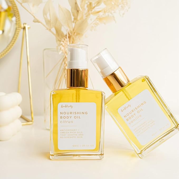 Bonblissity Nourishing Body Oils for Women, 2oz Travel Size - Citrus Scented Body Oil, Non-Greasy Non-Comedogenic, Vitamin E Hydrating Moisturizer for Men and Women with Dry or Sensitive Skin