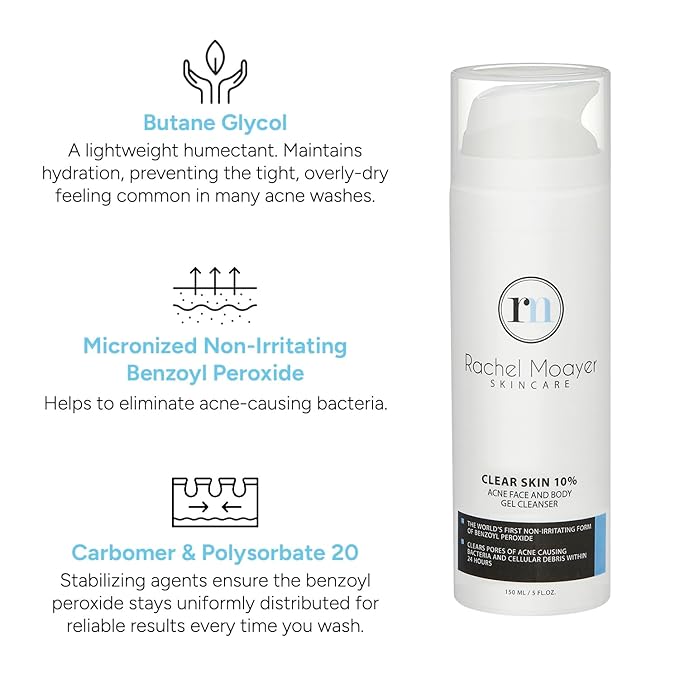 Rachel Moayer Clear Acne Face Wash & Acne Body Wash Gel Cleanser with 10% Benzoyl Peroxide, Ideal for Back Acne, Clear and Prevent Breakouts with Body Wash for Acne Prone Skin, Non-Irritating Formula