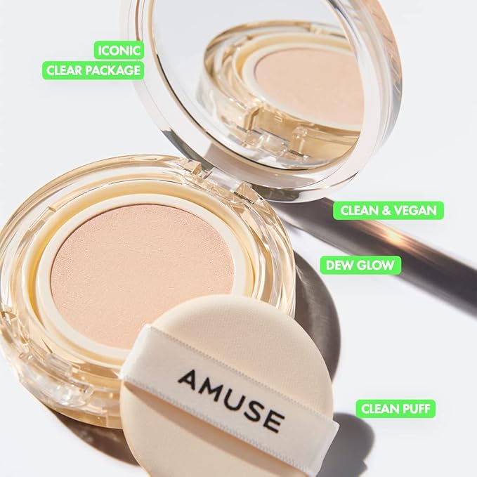 AMUSE SEOUL Dew Jelly Vegan Cushion Foundation (02 NUDE) | dewy, glow, long-lasting, double coverage, clean beauty, lightweight, natural look, foundation for sensitive skin, hydrating cushion