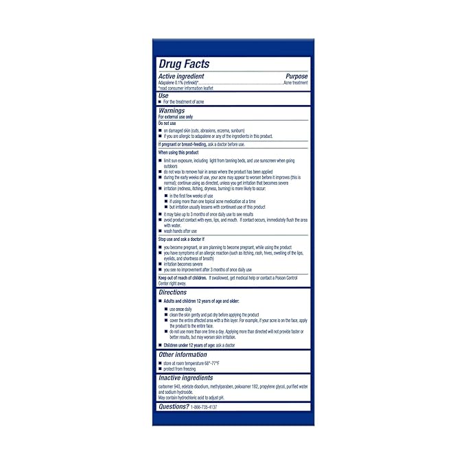 Differin Acne Treatment Gel, 30 Day Supply, Retinoid Treatment for Face with 0.1% Adapalene, Gentle Skin Care for Acne Prone Sensitive Skin, 15g Pump (Packaging May Vary)