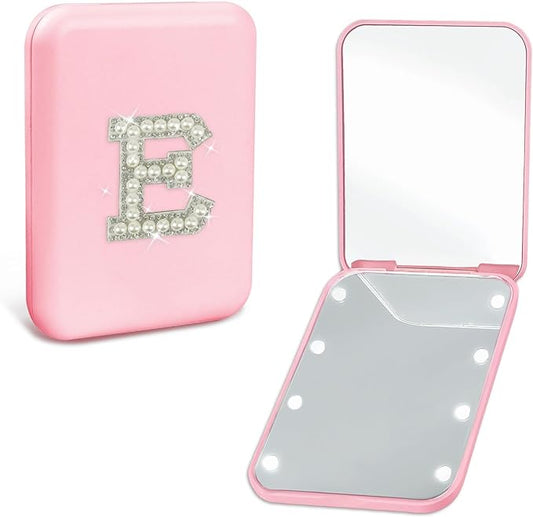 Preppy Birthday Gifts for 6 7 8 9 10 11 12 13 Year Old Girls, Cute Pearl Initial Compact Mirror with Lights Pink Small LED Pocket Makeup Mirror Teen Girls Trendy Stuff Travel Essentials (E)