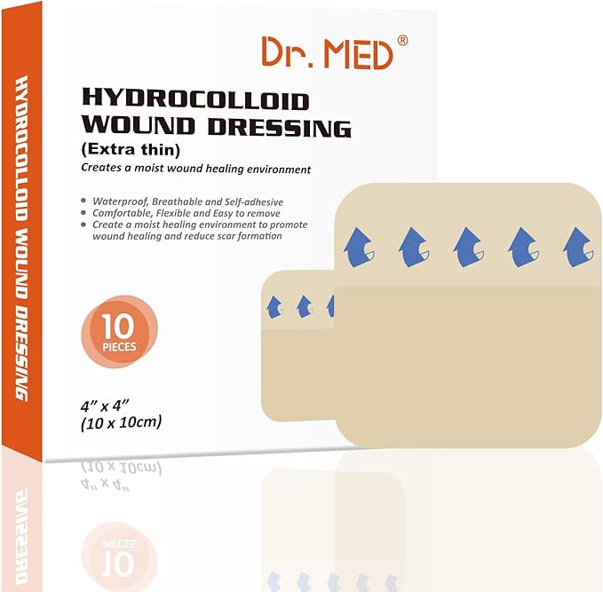 Dr. Med Hydrocolloid Wound Dressing Extra Thin 4"x4"-10 Pack/Box, Waterproof Adhesive Bordered Bandage, for Light Exudate, Abrasions, Pressure Ulcer, Bed Sore, Superficial Wound Care