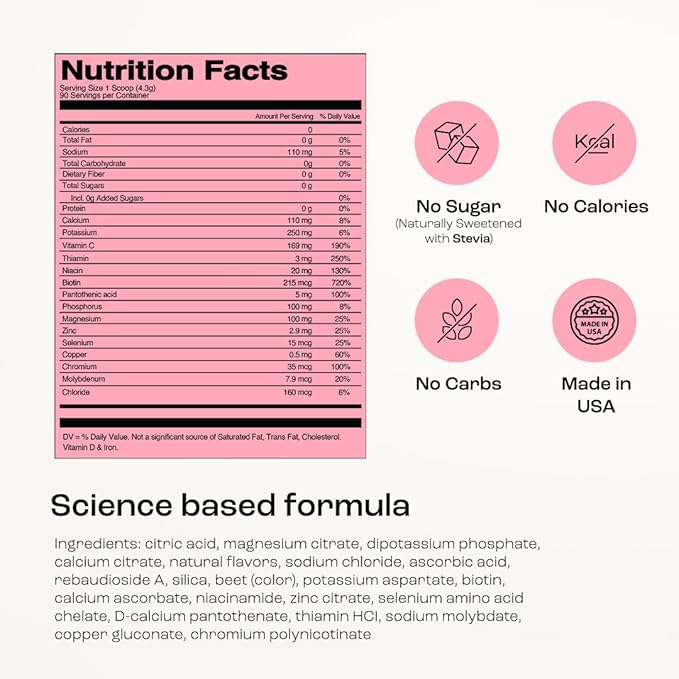 KEY NUTRIENTS Multivitamin Electrolytes Powder No Sugar - Fresh Pink Lemonade Electrolyte Powder - Endurance & Energy Supplement - Hydration Powder - No Calories - 90 Servings - Made in USA
