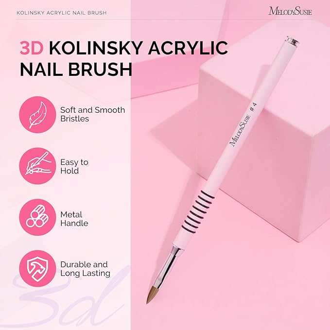 MelodySusie 3D Kolinsky Acrylic Nail Brush, Professional Nail Art Sculpture Brush with Pink Metal Non-Slip Grip Handle, for Acrylic Application 3D Nail Art Flower Designs, Size 4