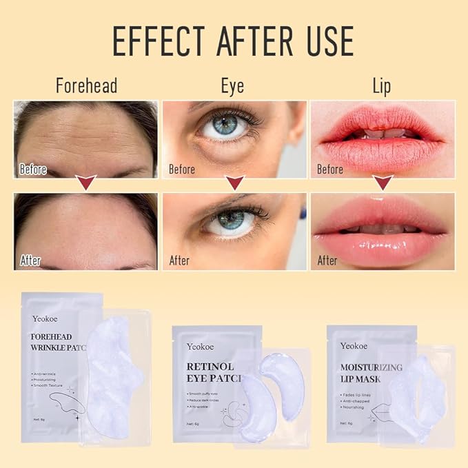 Yeokoe Forehead Wrinkle Patches,Under Eye Patches and Lip Mask 30 PCS. Face Masks Skincare With Retinol Serum For Anti-aging Puffy Eyes and Dark Circles