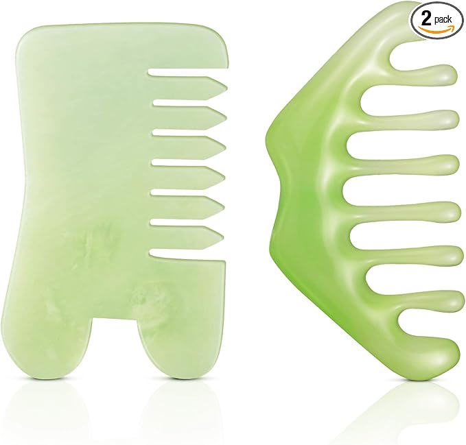 Geiserailie 2 Pcs Jade Combs Esthetician Supplies Massage Stone Hair Gua Sha Scraping Scalp Comb Facial Massage Tool Handheld Head Tools Head Caring Therapy Valentines for Women(Mixed Style)