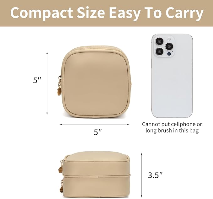 Small Makeup Pouch, Double Zipper Cosmetic Bag, Travel Makeup Bag, Cute Makeup Bag for Purse, Mini Toiletry Bag (Beige)