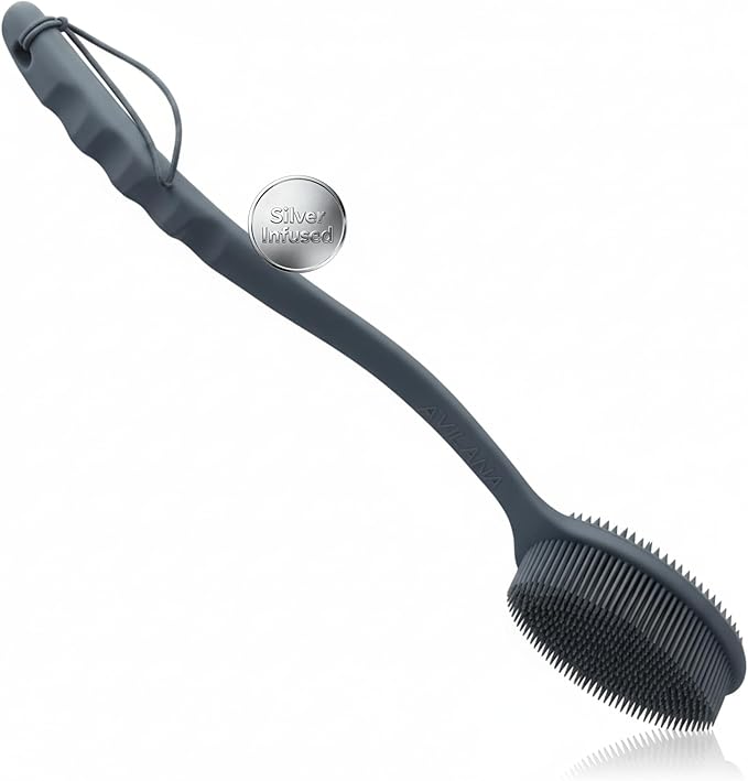 Avilana Silver Edition Back Scrubber Long Handle 19 Inch - Silver-Ion Infused Silicone Bath Brush, ISO Tested Dual Sided, Stays Fresh Extended Reach Back Washer Women Men Seniors Elderly Mobility Gift