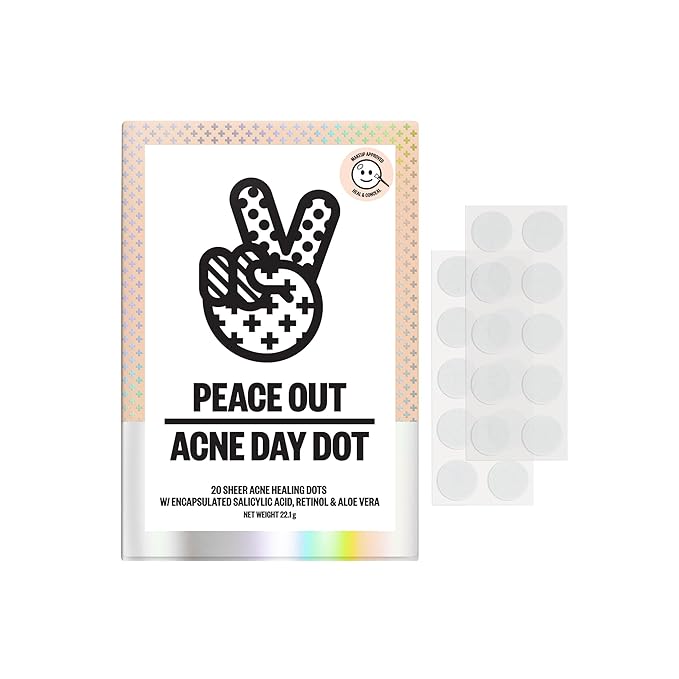PEACE OUT Acne Day Dot Sheer Hydrocolloid Pimple Patches, Invisible Acne Spot Patches with Encapsulated Salicylic Acid, Retinol, and Aloe Vera, 20 Dots