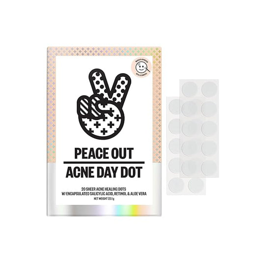 PEACE OUT Acne Day Dot Sheer Hydrocolloid Pimple Patches, Invisible Acne Spot Patches with Encapsulated Salicylic Acid, Retinol, and Aloe Vera, 20 Dots