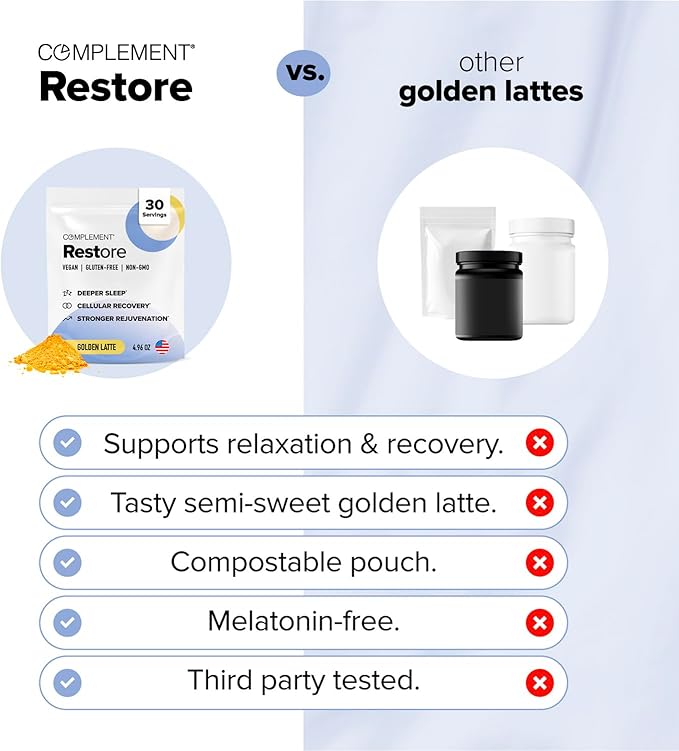 Complement Restore Golden Latte - Calm Magnesium Powder, Deep Sleep Aid Drink - Reishi, Ashwagandha, Valerian & L-Theanine - Nighttime Recovery, Relaxation Adaptogens Mix - No Melatonin (30 Servings)