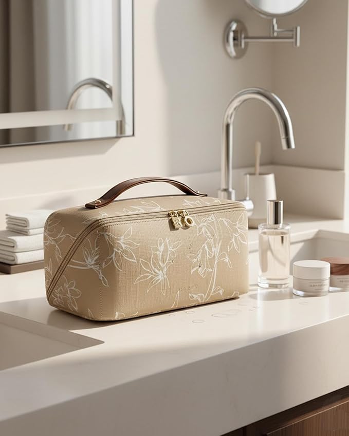 EACHY Travel Makeup Bag,Large Capacity Cosmetic Bags for Women,Waterproof Portable Pouch Open Flat Toiletry Bag Pattern Makeup Bag (F-Brown-Large)